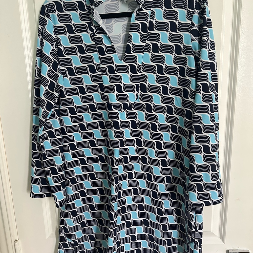 Jude Connally Navy, light blue and white Geometric Tunic Dress.